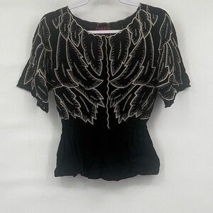 Maple leave embroidered black blouse